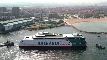 Astilleros Armon Gijon floats out third dual-fuel ro-pax fast ferry for Baleària
