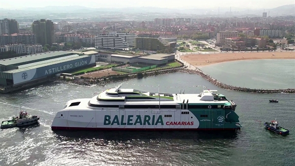 Astilleros Armon Gijon floats out third dual-fuel ro-pax fast ferry for Baleària