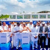 LASWA’s Oluwadamilola Emmanuel (centre) cuts the ribbon at the ceremony to welcome the first new Omi Bus to the fleet (Photo: LASWA)
