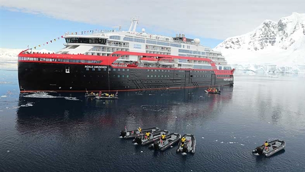Hurtigruten christens Roald Amundsen in Antarctica