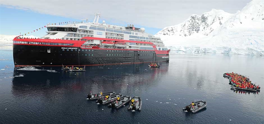 Hurtigruten christens Roald Amundsen in Antarctica