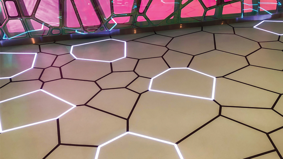 Bolideck LED flooring has integrated programmable LEDs, enabling changes in pattern and colour palette