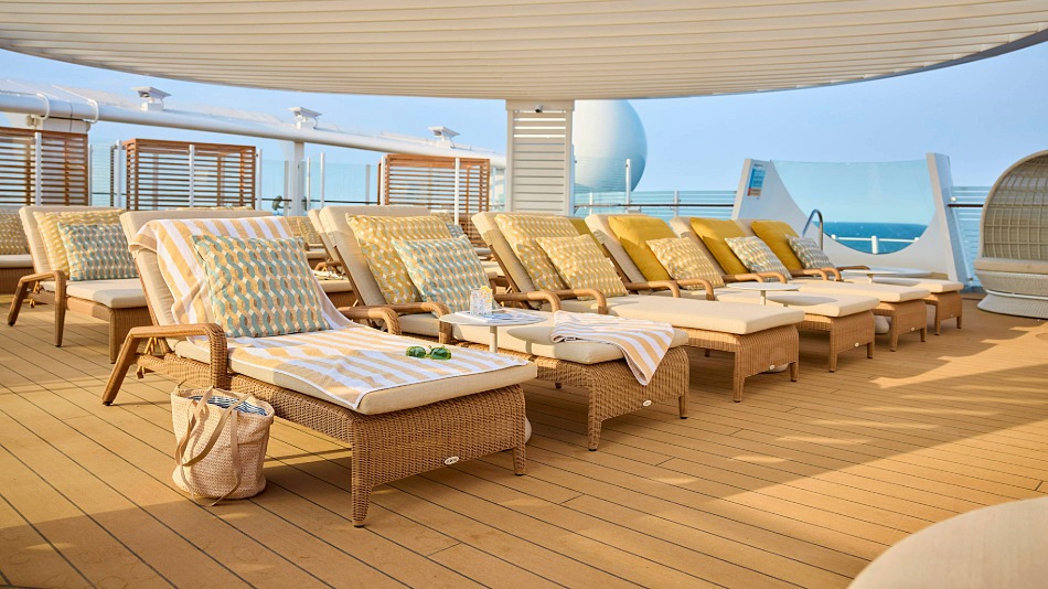The Sky Deck features two whirlpools, lounge furniture and cabanas
