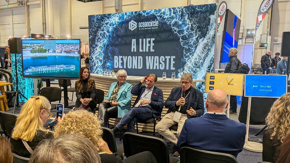 (from left) Alejandra Obregon of The Ritz-Carlton Yacht Collection, Gabi Haupt of Riverside Luxury Cruises and Hans Heger of Swan Hellenic Cruises at the keynote session moderated by Marco De Jorio of De Jorio Design (far right)