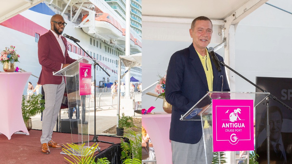 (from left) Gasper George, general manager of Antigua Cruise Port, and Mehmet Kutman, chairman of Global Ports Holding, speaking at the opening ceremony