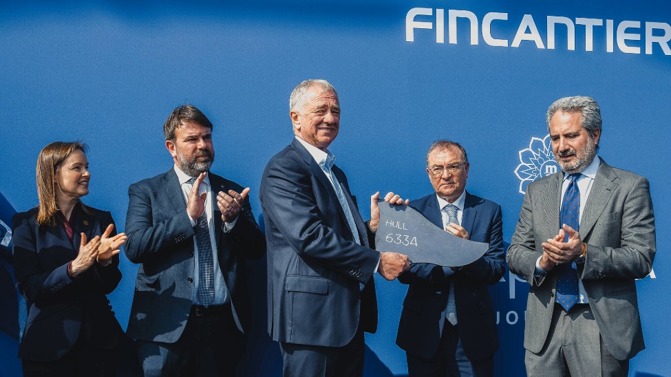 MSC Group’s executive chairman of the cruise division of MSC Group, Pierfrancesco Vago (centre) joins other executives to mark the steel cutting for Explora VI 