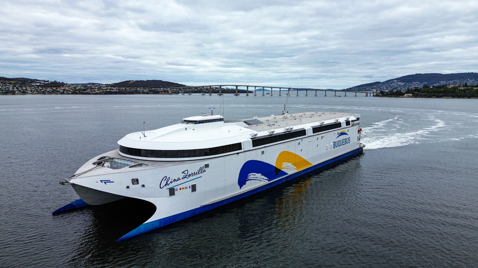 Buquebús’s China Zorrilla, the largest fully electric ship ever constructed, successfully completed sea trials near Incat Tasmania’s shipyard in December 2025 (Photo: Incat Tasmania)