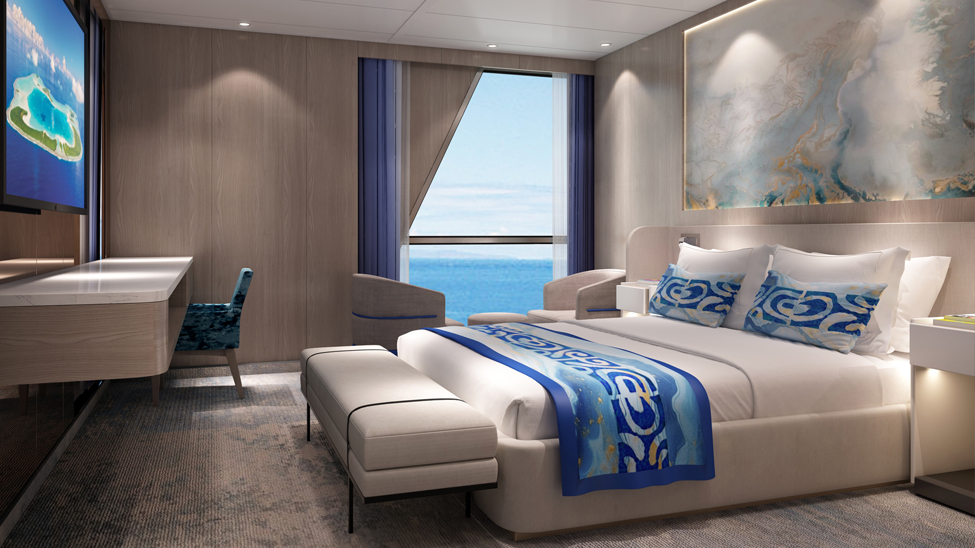 Aranoa’s accommodation options will include the Owner Suite, which has a bedroom, a living area, a bathroom and a private balcony (Credit Aranui Cruises) 