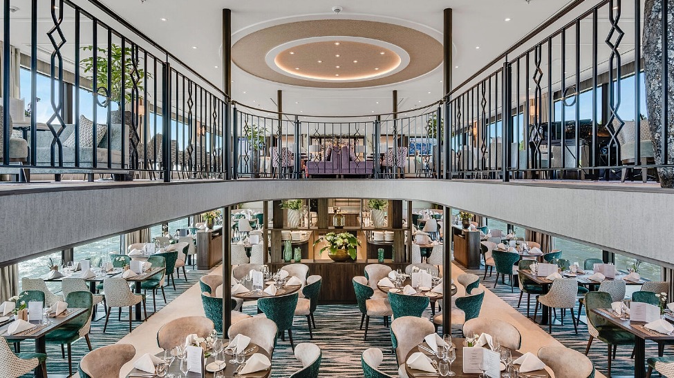 Riviera Rhapsody will feature a main restaurant like the one onboard Riviera Radiance (pictured) when it debuts in April 2028 (Credit: Riviera Travel)