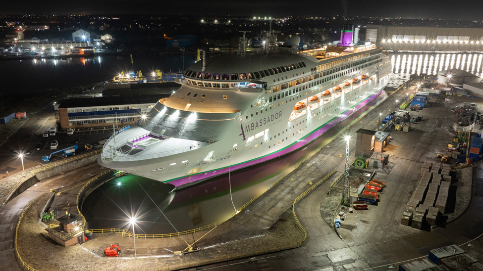 Ambassador Cruise Line’s Ambience spent three weeks in dry dock in January 2026 (Photo: Ambassador Cruise Line)