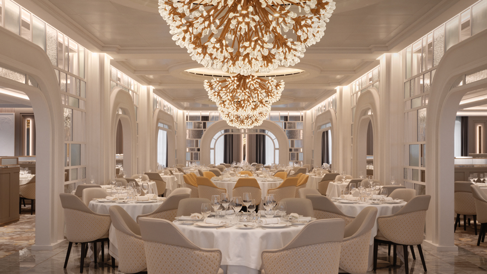 Oceania Allura’s Grand Dining room features hydrangea chandeliers, inspired by great European conservatories (Photo: Douglas Friedman)