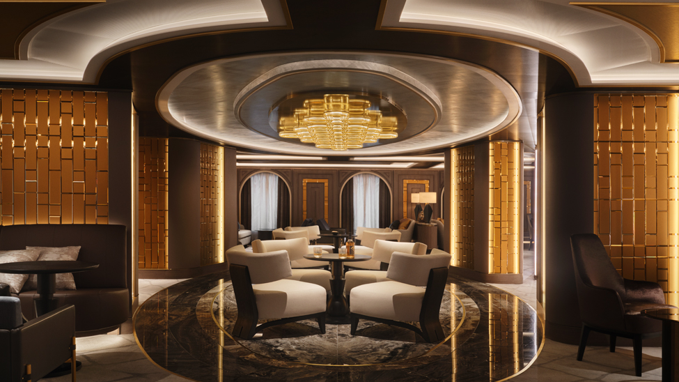 Art-Deco-styled bevelled mirrors, marble surfaces and bold accent tones evoke the Roaring Twenties in Oceania Allura’s Martini Bar (Photo: Douglas Friedman)