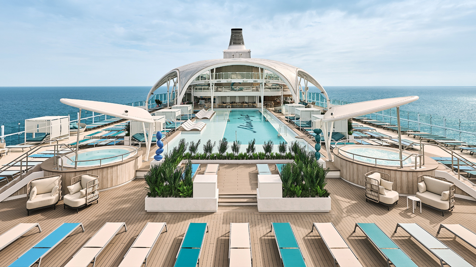 The pool deck onboard Mein Schiff Flow boasts a 25-metre swimming pool