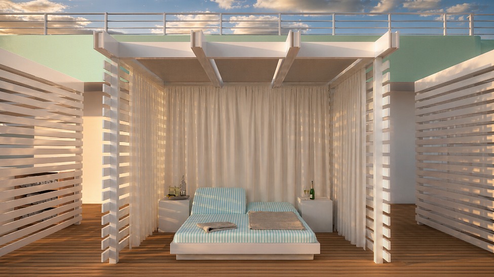 Crystal’s first private cabanas will accommodate two people and overlook the Seahorse Pool on the deck below (Rendering: Crystal)
