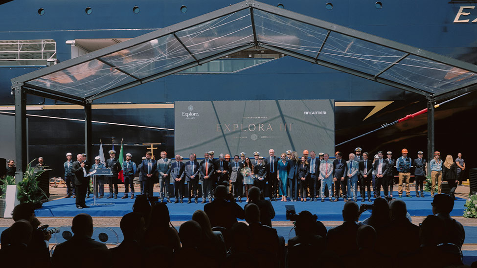 Representatives from Explora Journeys, MSC Group and Fincantieri celebrate the completion of the construction project and the delivery of the ship (Photo: Explora Journeys)