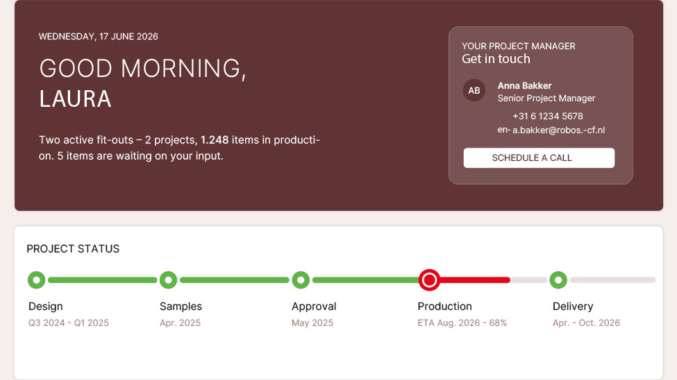  The Robos Connect portal provides clients with real-time access to information relating to goods ordered for their projects, including delivery status, specifications and 3D drawings