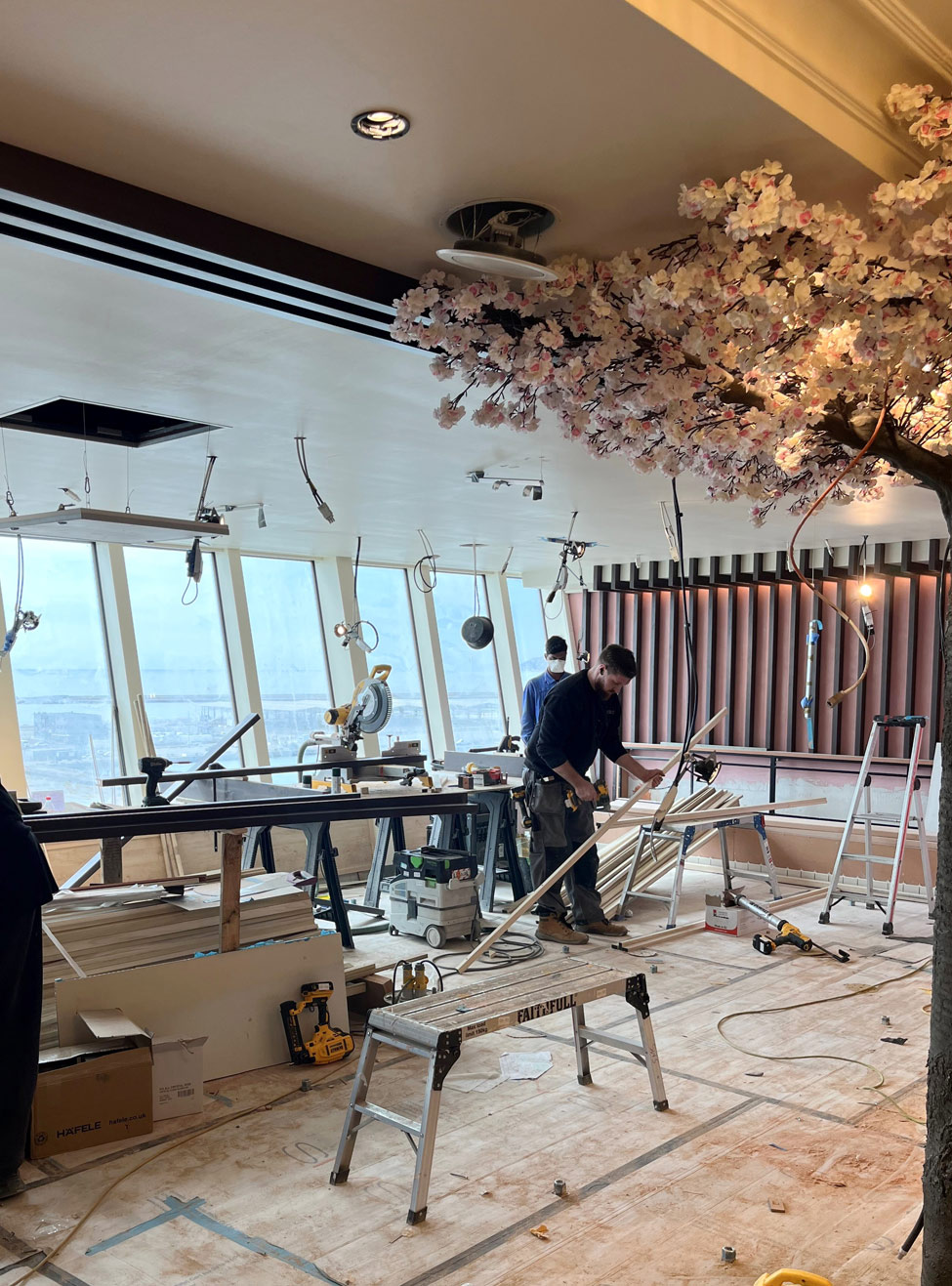 The SMS Marine Interiors team working on the refurbishment of the French Kiss restaurant, part of the project onboard AIDAdiva (Photo: SMS Marine Interiors)
