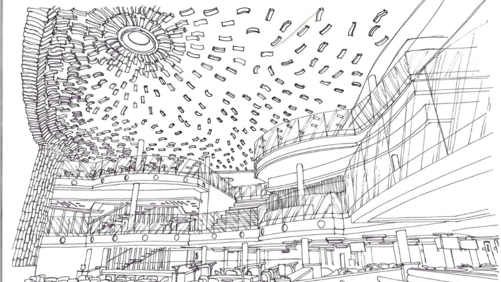 A concept sketch of Carnival Celebration’s atrium by Petu Kummala