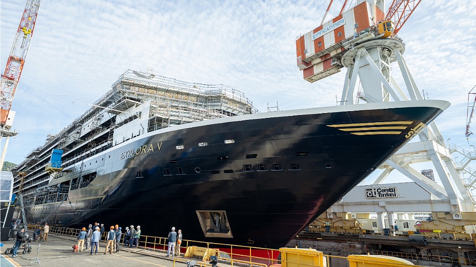 Explora V floated out from dry dock and will now undergo interior outfitting (Photo: Explora Journeys)