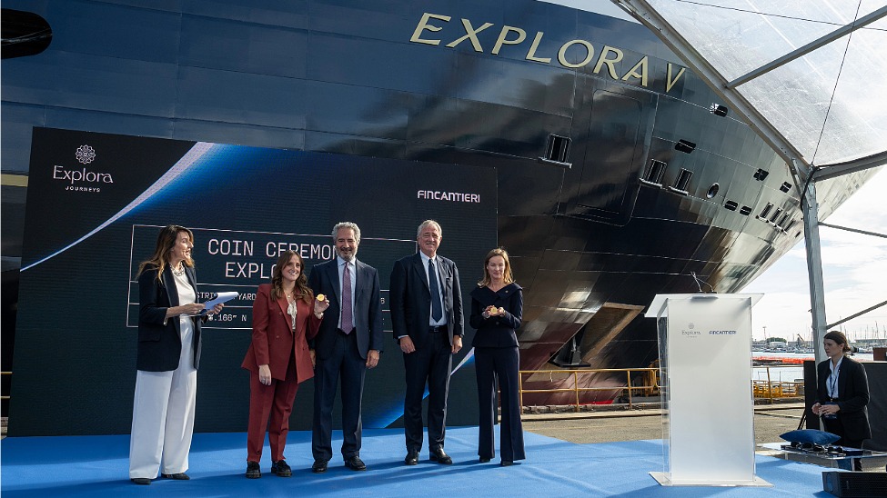 From left, event host Marina Minetti, godmother Camilla Ronco, Fincantieri's Pierroberto Folgiero, Explora Journeys’ Anna Nash and MSC Group’s Pierfrancesco Vago at the coin ceremony for Explora VI (Photo: Explora Journeys)